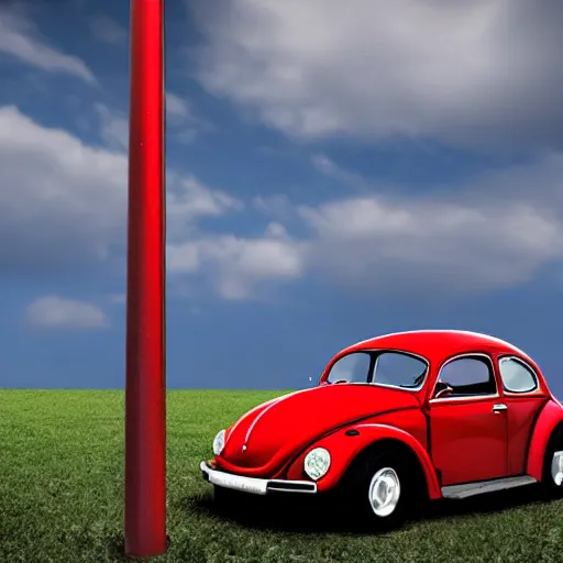 Image similar to red beetle car on top of a tall pole, digital art, photorealistic