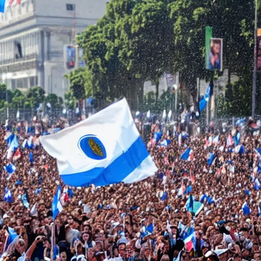 Image similar to Lady Gaga as President, Argentina presidential rally, Argentine flags behind, bokeh, epic photo, detailed face, Argentina