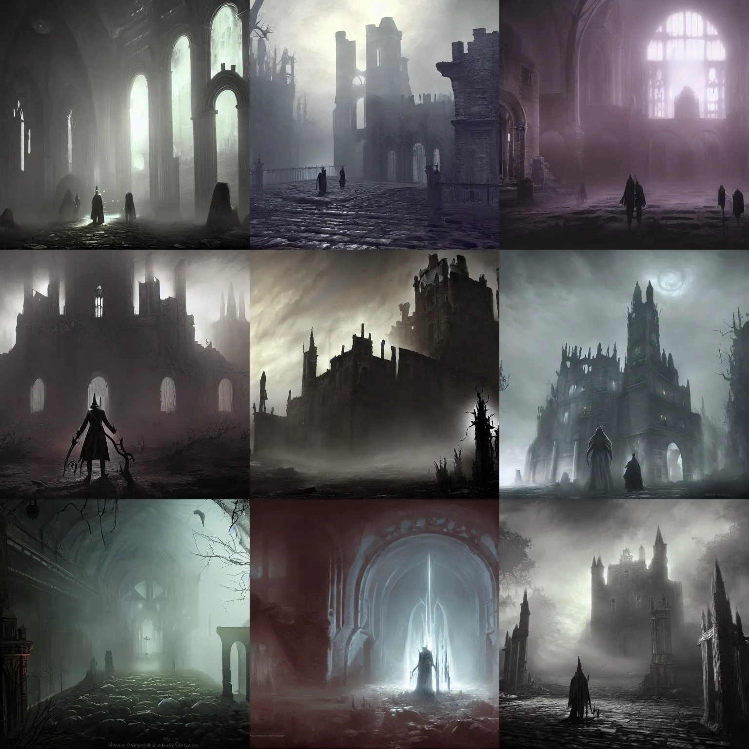 Prompt: a cross between bloodborne and silent hill, castle ruins, volumetric fog, god rays, shadowy figures lurking, stark lighting, by Brom, artstation.