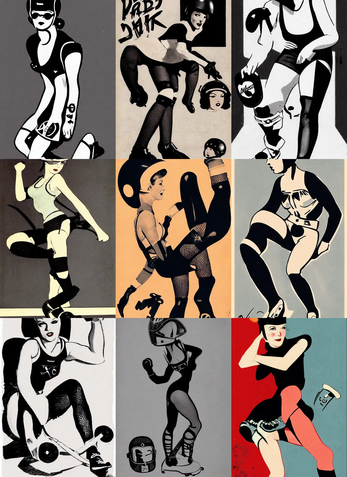 Image similar to 1950s logo of a roller derby girl (Mary Louise Brooks) doing Cross-Over, wearing skate helmet, knee pads, elbow pads, fishnet tights, showing off biceps, illustration by greg rutkowski and mcbess, 1950s