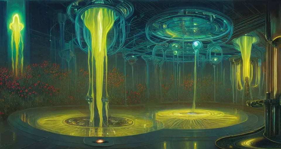 Image similar to a bright minimalist bioluminescent oil painting by donato giancola, warm coloured, cinematic scifi luxurious futuristic foggy steam filled victorian garden with microscopy radial windows flowers growing out of pretty bulbous ceramic fountains, gigantic pillars and flowers, maschinen krieger, beeple, star trek, star wars, ilm, atmospheric perspective