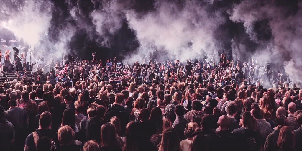 Image similar to groups of people in front of a stage, from behind, wide angle, smoke, highly detailed, beautiful lighting