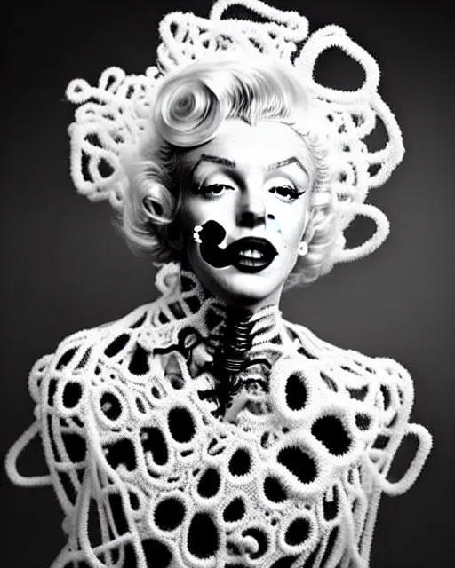 Image similar to dreamy surreal poetic black and white photo of a beautiful young bio-mechanical-female-jellyfish-cyborg-plant-plastic-robot Marilyn Monroe with a very long neck and a super big gothic lace collar and a very high big floral crown with many black dry roses by Vivienne Westwood:: smoke, high fashion, haute couture, rococo, avant-garde, elegant, dreamy, hyper realistic, 150 mm lens, soft rim light, octane render, unreal engine, picture was taken in 1910 by Dora Maar, volumetric lighting, dramatic light,8k,