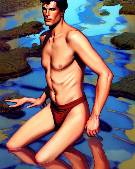 Image similar to a painting of a beautiful man in the river, an ultrafine detailed painting by howard chaykin, by mark brooks, centered full body, featured on deviantart, fantasy art, detailed painting, deviantart, anime