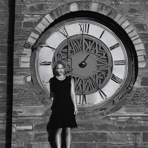 Image similar to A detailed film still of Kaley Cuoco under the Eastgate clock in Chester. Behind her we see a black panther. 70mm