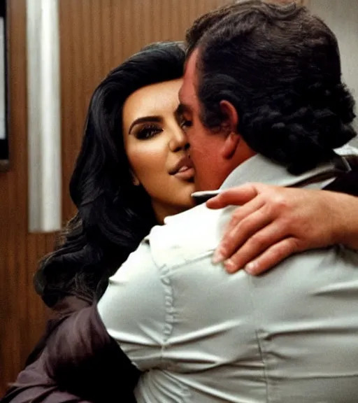 Prompt: Pablo Escobar hugging kim kardashian in a mafia office