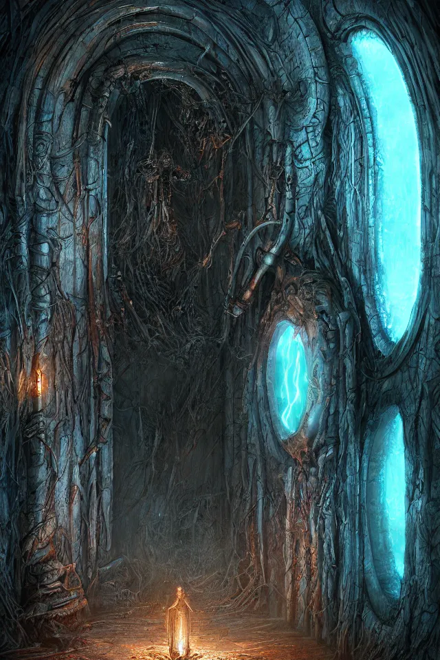 Image similar to Through A Dark Evil Glowing Portal Yasushi Nirasawa Moebius HR Giger Style, 8K, octane render, HDR, volumetric lighting