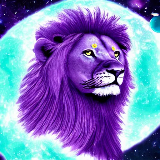 Image similar to a purple lion in space