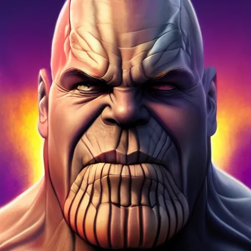 Prompt: portrait of Thanos smiling, realistic photo, digital art, trending on artstation, Instagram photo