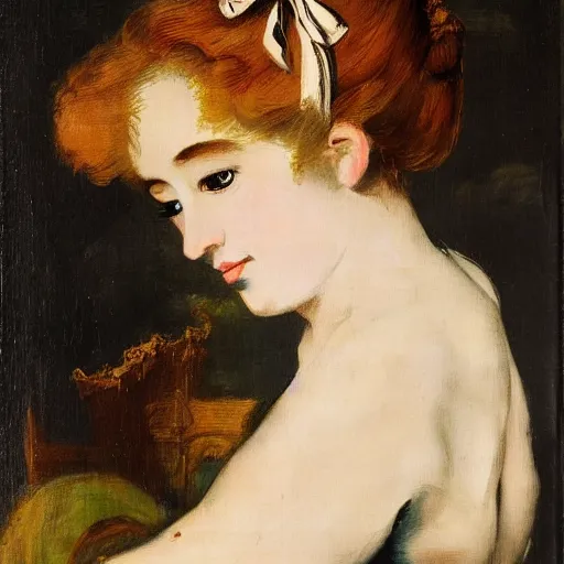 Image similar to oil painting with visible thick brushstrokes, tonal, renaissance, rococo, baroque, manga, creepy young ladies wearing manga dress in the style of manet