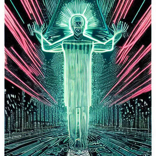 Prompt: 2 d neon teal circuit board background fused with an unknown deity with shards of light emitting outwards, black fine lines on teal, stanley donwood, victo ngai