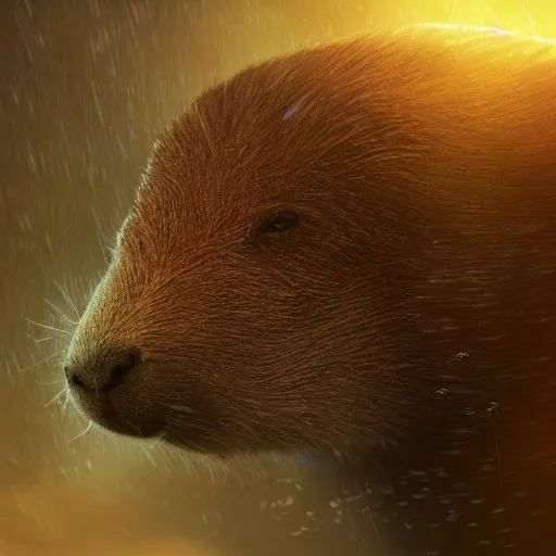 Image similar to Capybara/tiger, ferocious, angry, magic the gathering artwork, D&D, fantasy, cinematic lighting, centered, symmetrical, highly detailed, digital painting, artstation, concept art, smooth, sharp focus, illustration, volumetric lighting, epic Composition, 8k, art by Akihiko Yoshida and Greg Rutkowski and Craig Mullins, oil painting, cgsociety