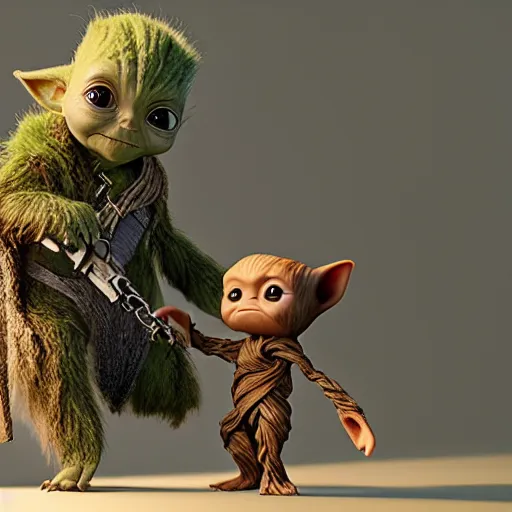 Image similar to babyyoda ( 2 0 2 1 ) and babygroot ( 2 0 1 7 ) are friends. photorealistic, digital art, epic fantasy, dramatic lighting, cinematic, extremely high detail, cinematic lighting, trending, artstation, cgsociety, 3 d ue 5, 4 k, hq