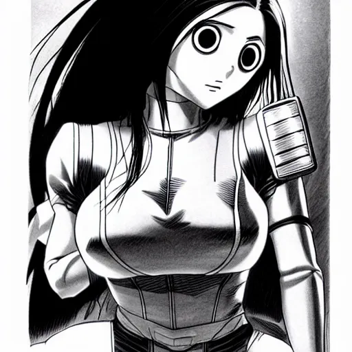 Image similar to alita by yukito kishiro. medium shot. black and white manga. pencil drawing.