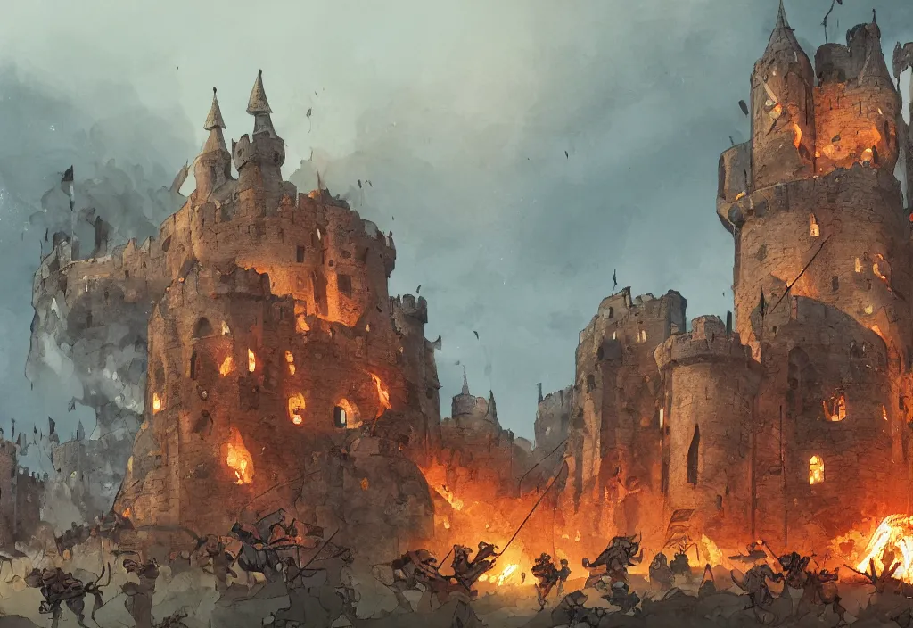 Image similar to handmade illustration of an small medieval castle being attacked by some medieval soldiers, fire and smoke, catapults and arrows, line art, ink, heavy brushstrokes, watercolor by Kilian Eng and by Jake Parker, winning-award masterpiece, fantastic, octane render, 8K HD Resolution, High quality image