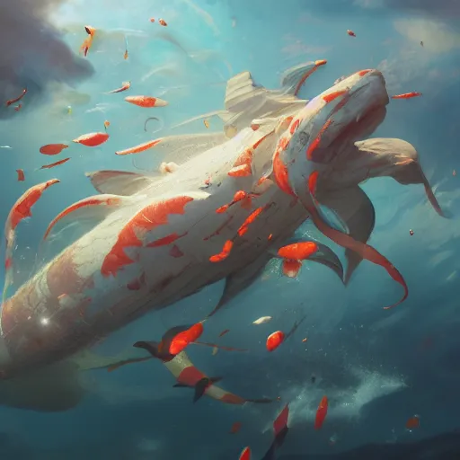 Image similar to subsurface scattering, white, giant submarine, koi colors, koi - free, octane render, jesper ejsing, justin gerard, james jean, tomasz alen kopera, cgsociety, fenghua zhong, makoto shinkai, highly detailed, rim light, art, cinematic lighting, very coherent, hyper realism, 8 k