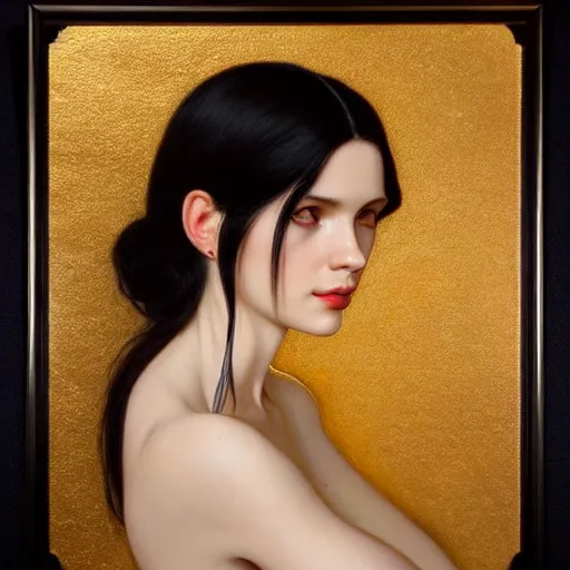 Image similar to Portrait of a beautiful pale skin Eastern European female with long black hair, dark eyes, elegant clothing, photorealistic, highly detailed, artstation, smooth, sharp focus, gold ornaments, neon lighting, sci-fi, art by Klimt, artgerm, Greg Rutkowski and Alphonse Mucha