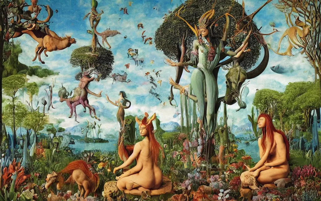 Prompt: photograph of a meditating centaur shaman and a mermaid feeding animals. surrounded by bulbous flowers, animals and a few trees. river delta with dry rocky mountains under a blue sky full of burning stars. painted by jan van eyck, max ernst, ernst haeckel, ernst fuchs and artgerm. trending on artstation, treding on cgsociety