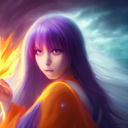 Image similar to rimuru tempest from tensura holding purple fire in her palm, with amber eyes of golden colored eyes, straight hair, sky blue hair, long bangs, concept art, award winning photography, digital painting, cinematic, wlop, 8 k, by ross tran, tom bagshaw