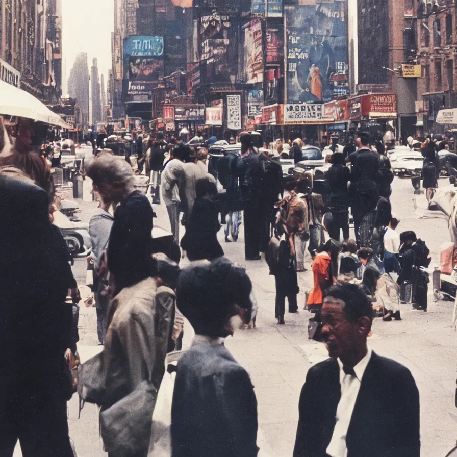 Prompt: portrait in the streets of new york, 1 9 6 0 s, colour film street photography, photo taken with ektachrome, featured on flickr, film grain