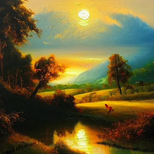 Image similar to an oil painting of the joys of the morning, amazing landscape, warm modern