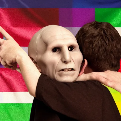 Image similar to voldemort and harry potter hugging, pride flag background