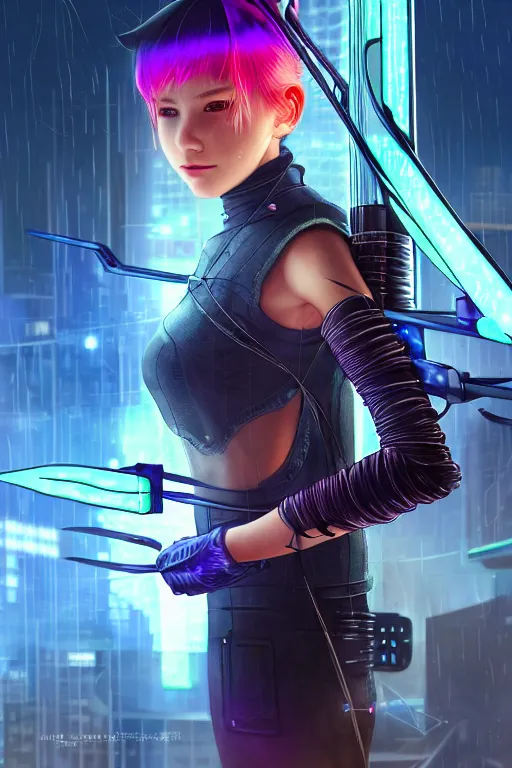 Prompt: portrait futuristic adorable cyberpunk young female Archer, in futuristic stormy thunder light tokyo rooftop cyberpunk night, ssci-fi, fantasy, intricate, very very beautiful, elegant, neon light, highly detailed, digital painting, artstation, concept art, soft light, hdri, smooth, sharp focus, illustration, art by tian zi and craig mullins and WLOP and alphonse mucha