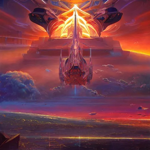 Prompt: skies walking castle crashed spaceship rich digital art depth of field sacred fantasy by alex grey, syd mead, john berkey, fenghua zhong, alena aenami, tristan eaton, john stephens, arthur adams