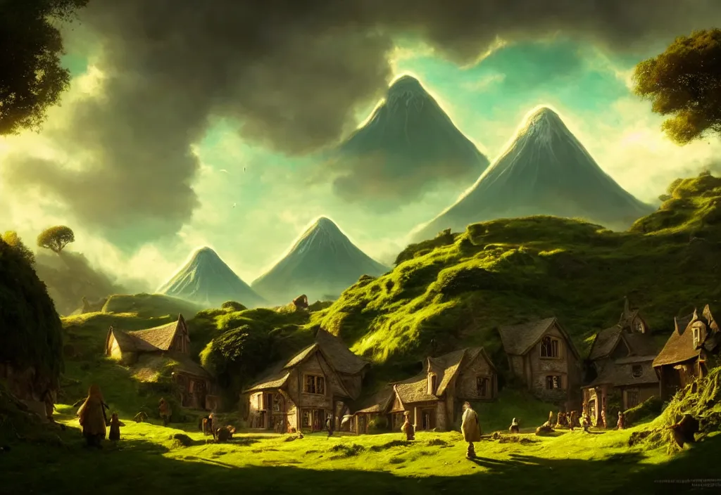 Image similar to an edwardian village scene, hobbit holes and a volcano in the background, clear green sky, cinematic view, epic sky, detailed, concept art, low angle, high detail, warm lighting, volumetric, godrays, vivid, trending on artstation, by jordan grimmer, art greg rutkowski