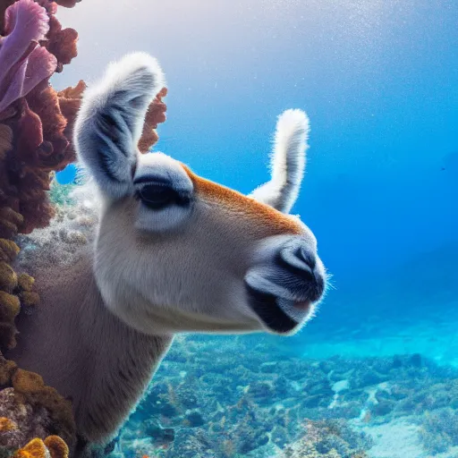 Prompt: an alpaka under water dives through a coral reef, 8k photography