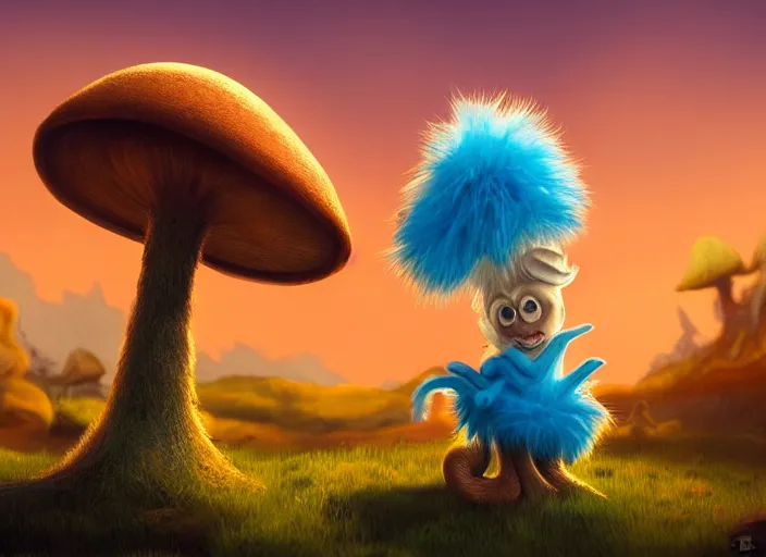 Image similar to a cute dr seuss creature sitting next to a mushroom, golden hour, fantasy, sharp focus, digital art, hyper realistic, 4 k, unreal engine, highly detailed, hd, dramatic lighting by brom, trending on artstation