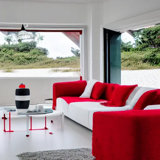 Image similar to beautiful 35mm footage landscape photography of a modern living room white and red colors, stylistic furniture, window open to beach wide-angle lens