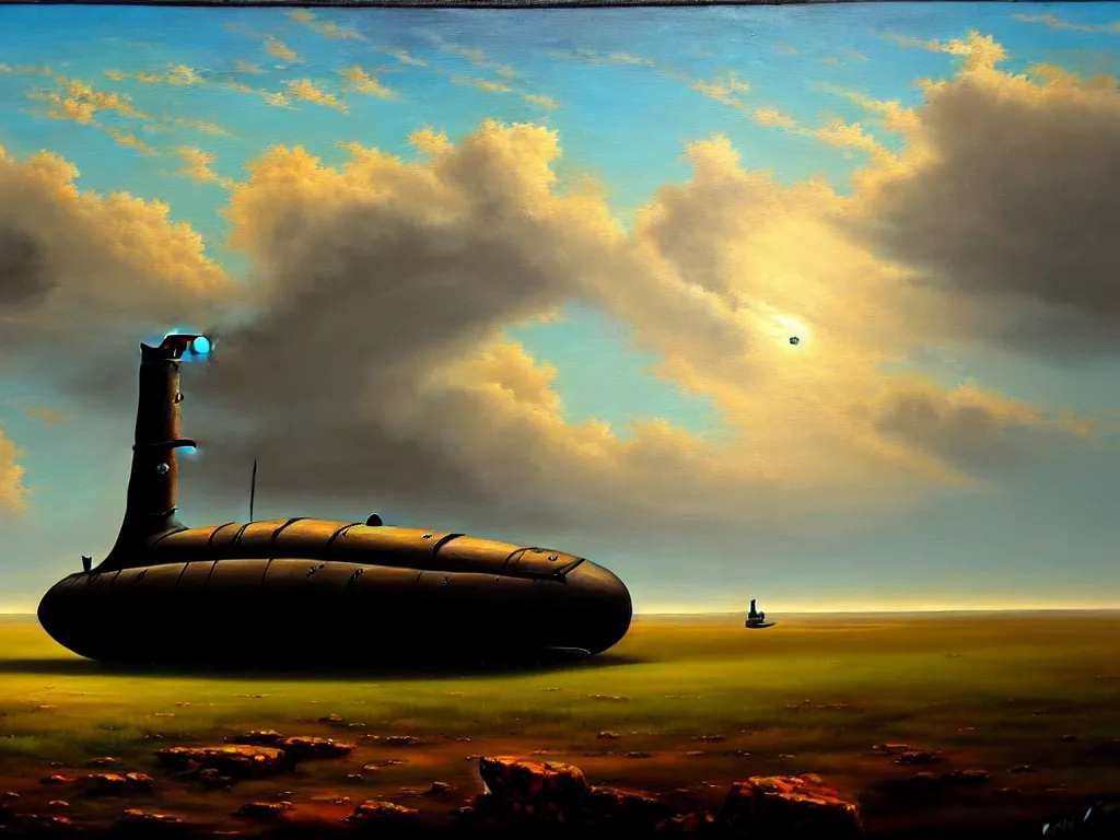 Image similar to an old oil painting of a gothic submarine in a great steppe, trending on artstation