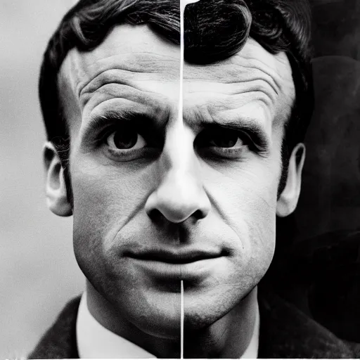Prompt: Emmanuel Macron as a WW2 soldier, bruised, tired, vintage, grainy, black & white