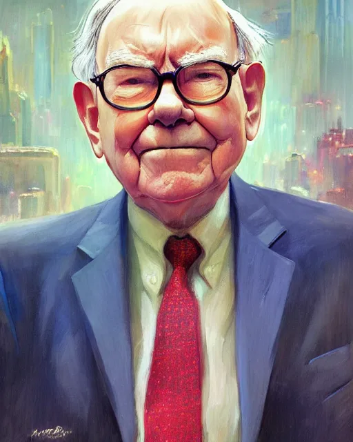 Prompt: beautiful portrait of warren buffett in the new york stock exchange, by paul lehr and mark kolobaev and artgerm, dieselpunk, realism, highly detailed, intricate, studio ghibli color scheme, masterpiece, portrait, face, handsome, hard shadows, sharp focus, 8 k