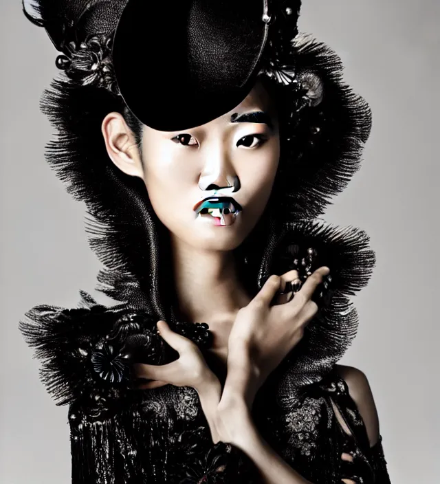 Image similar to photography face portrait of stunning japanese model like ming xi. great hair style, half in shadow, natural pose, natural lighing, rim lighting, wearing an ornate stunning sophisticated coat and hat created by iris van herpen, with a colorfull makeup by benjamin puckey, highly detailed, skin grain detail, photography by paolo roversi