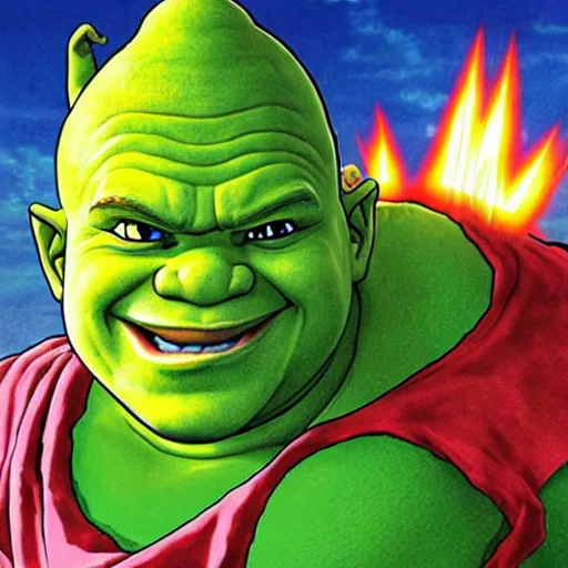 Image similar to portrait of shrek going super saiyan 3, by Akira Toriyama