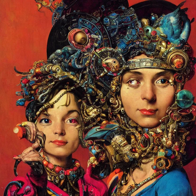 Prompt: a baroque close - up portrait of a whimsical alien witch wearing a colorful futuristic aztec headset, holding a bird. black background. highly detailed science fiction fantasy painting by norman rockwell, moebius, frank frazetta, syd mead, and sandro botticelli. high contrast. renaissance masterpiece. artstation