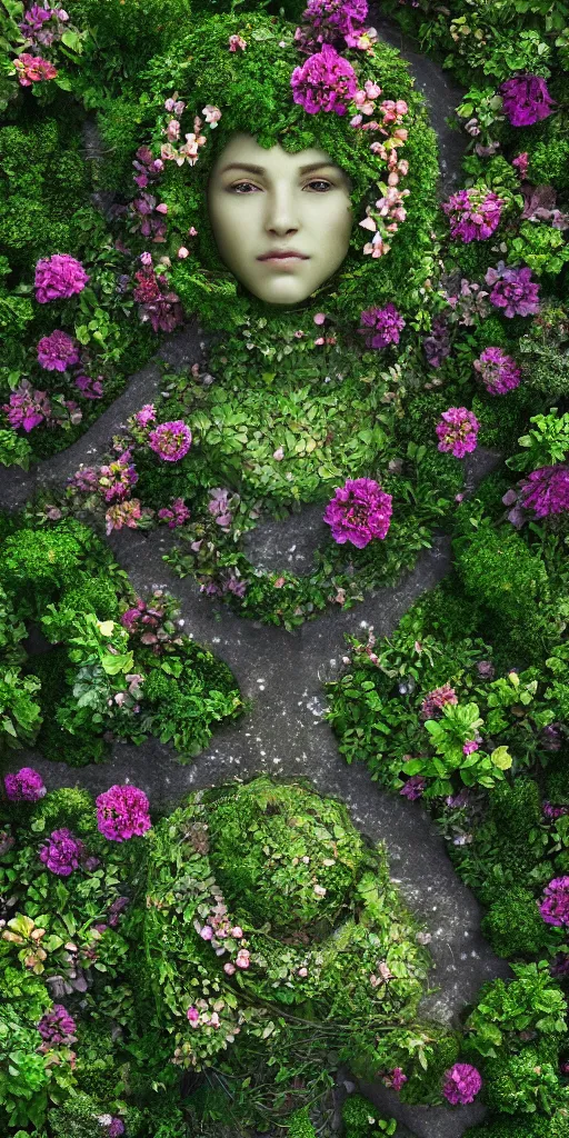 Prompt: an aerial view beautiful garden forming the face of a beautiful goddess, hyperrealism, 8 k, octane render, dramatic lighting, trending on artstation