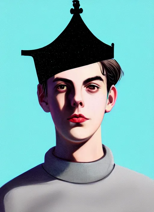 Image similar to portrait of teenage jughead jones wearing a light grey crown, crown, blue turtleneck, 1 9 5 0 s, closed eyes, photorealistic, black hair, glowing lighting, intricate, elegant, glowing lights, highly detailed, digital painting, artstation, concept art, smooth, sharp focus, illustration, art by wlop, mars ravelo and greg rutkowski