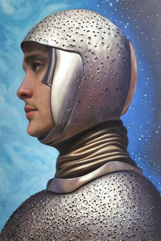 Image similar to hyperrealism oil painting, close - up portrait of face hiding in stingray medieval fashion model, knight, steel gradient mixed with nebula sky, in style of baroque mixed with 7 0 s book art