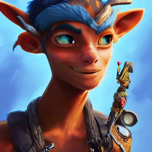 Image similar to jak from jak and daxter, intricate, highly detailed, digital painting, artstation, concept art, matte, sharp focus, illustration, art by artgerm and greg rutkowski and alphonse mucha