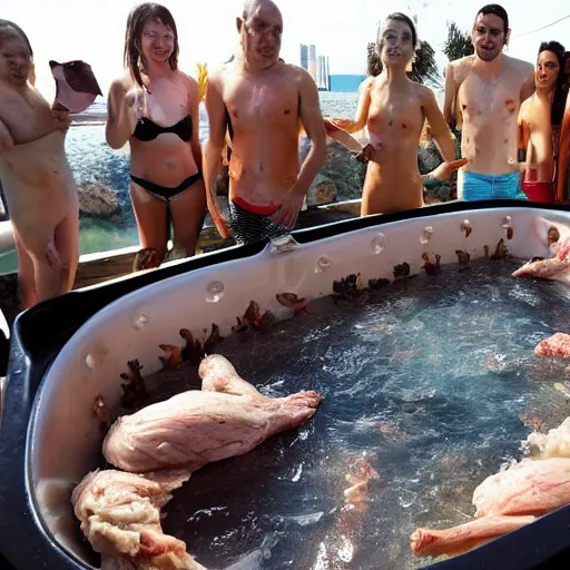 Prompt: photo of the world\'s largest raw chicken in a hot tub, with some humans around it