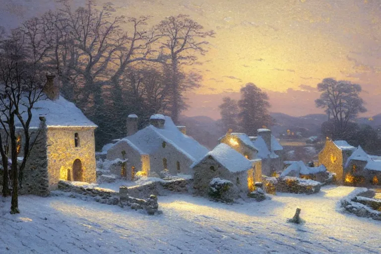 Prompt: a distant french stone house in winter snow, farmland, 1 8 5 9, soft lighting from windows, by thomas kinkade