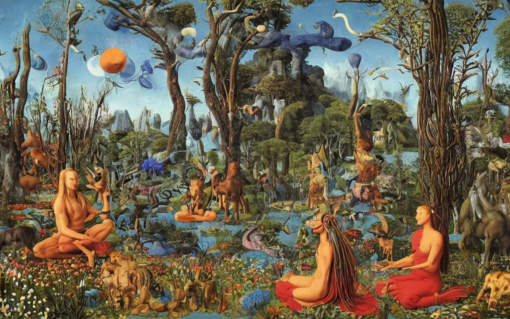 Prompt: photograph of a meditating centaur shaman and a catgirl feeding animals. surrounded by bulbous flowers, animals and a few trees. river delta with dry rocky mountains under a blue sky full of burning stars. painted by jan van eyck, max ernst, ernst haeckel, ernst fuchs and artgerm. trending on artstation, trending on cgsociety