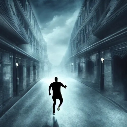 Prompt: fantasy book cover, dramatic shot of a man running out of a building, ultradetailed, wallpaper, 4k, prismatic