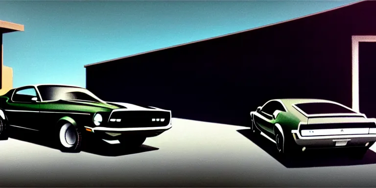 Image similar to a cinematic keyframe matte painting of a sleek 1 9 7 0 s vaporwave concept retro - futurism sci - fi ford mustang fast back knight rider blacked out car in an open garage in the american southwest, view from the street. cactus. by eric lafforgue, glennray tutor and edward hopper, greg rutkowski. trending on artstation.