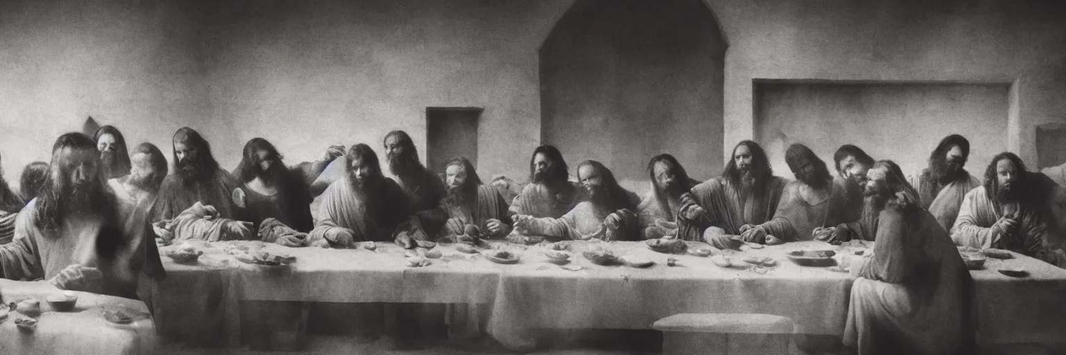 Image similar to Award Winning Editorial 84° wide-angle picture of a Tramps with bowed heads in a Soup Kitchen by David Bailey and daVinci, called 'The Last Supper', 85mm ND 5, perfect lighting, gelatin silver process