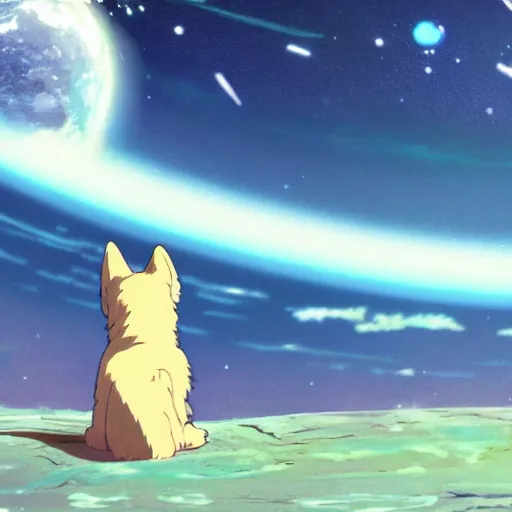 Prompt: corgi in outer space, extremely beautiful and scenic still from an anime by makoto shinkai