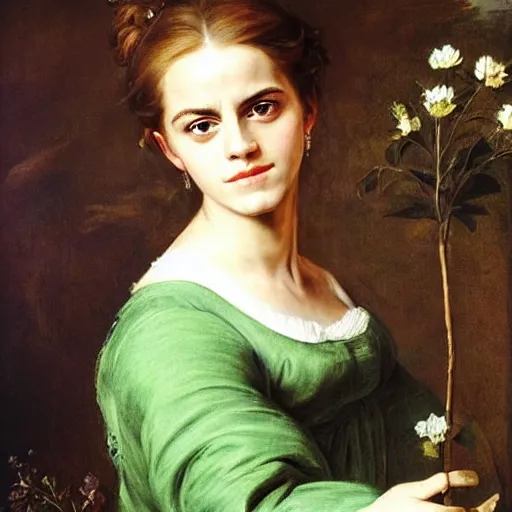 Image similar to Emma Watson wearing green tunic holding a flower. Painted by Rubens, high detail